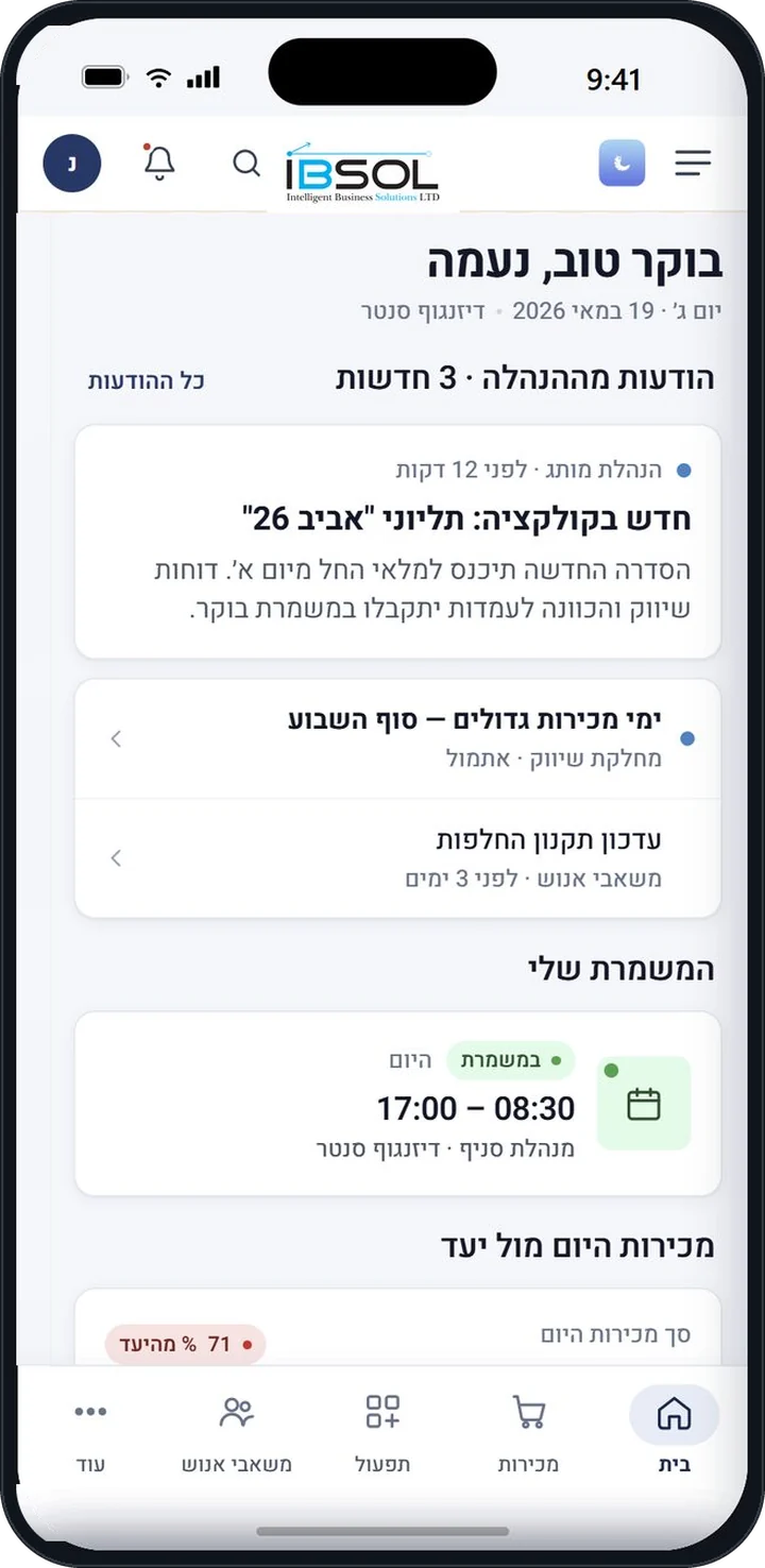 מסך הבית — הסדר שבו העובד פוגש את התוכן: ברכה, הודעות, המשמרת ואז המכירות