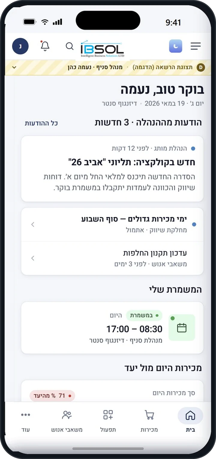 מסך הבית באפליקציית WORM — ברכה אישית, הודעות מההנהלה, המשמרת של היום ומכירות היום מול היעד